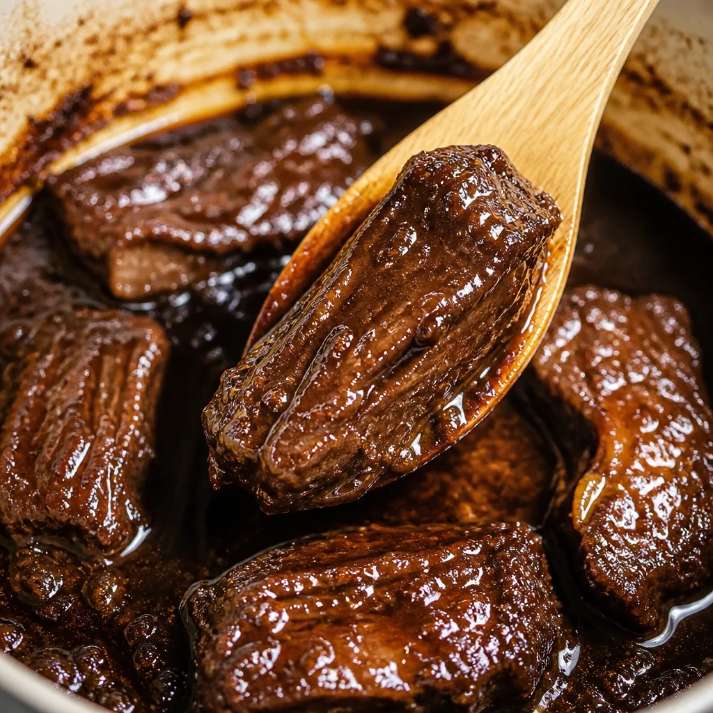 Plate of Korean Braised Short Ribs garnished with herbs and served with rice.