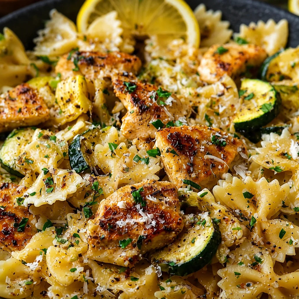 Delicious Creamy Lemon Chicken Pasta served with lemon zest and fresh herbs.