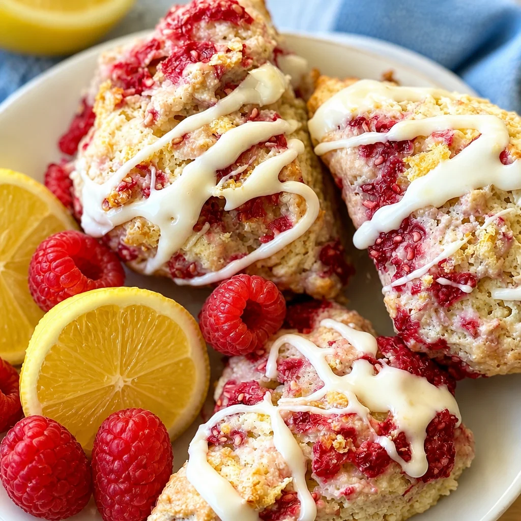 Freshly baked Lemon Raspberry Scones with raspberries and lemon zest.