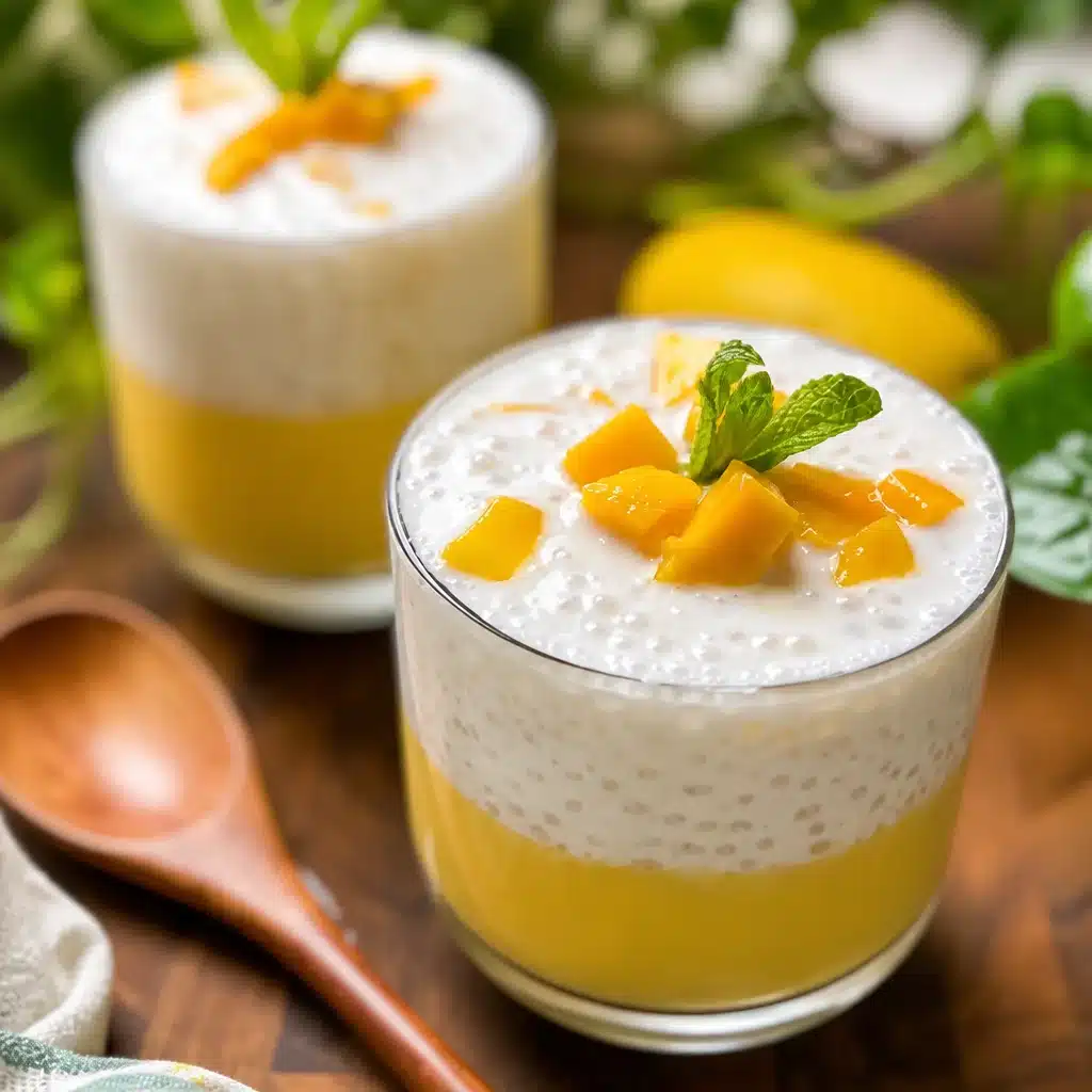 Delicious 5 ingredient creamy mango sago dessert topped with fresh mango chunks.