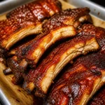 Delicious Oven Baked Spare Ribs glazed with BBQ sauce on a serving platter.