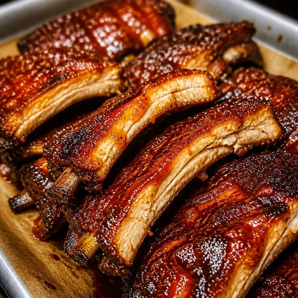 Delicious Oven Baked Spare Ribs glazed with BBQ sauce on a serving platter.