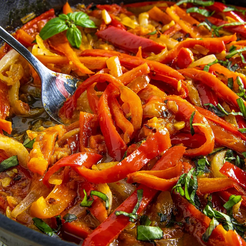 Vibrant and colorful peperonata with bell peppers, onions, and tomatoes.