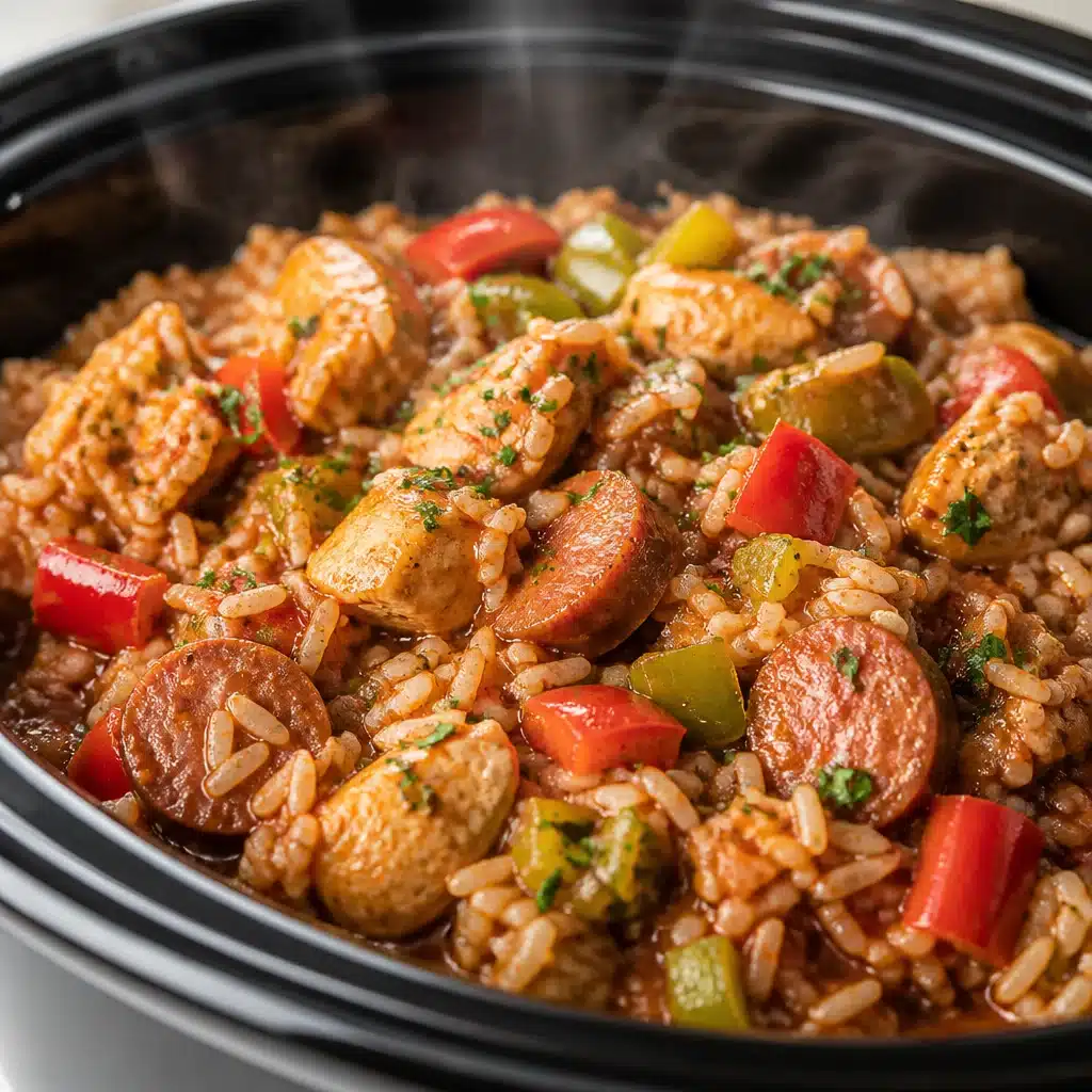 Delicious Slow Cooker Chicken Jambalaya with chicken, sausage, shrimp, and rice in a zesty broth.