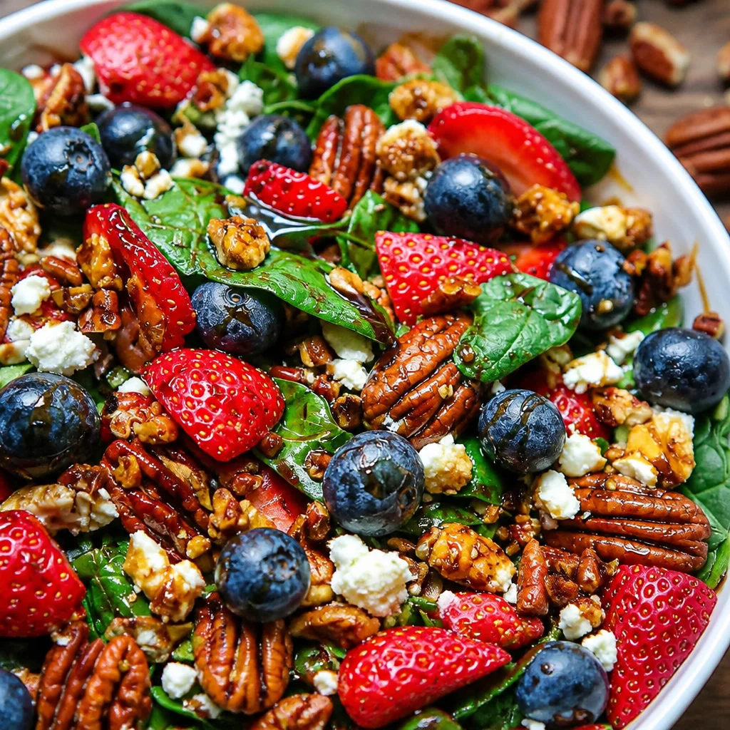 Strawberry Spinach Salad with Blueberries, Pecans, Feta cheese, and Balsamic glaze