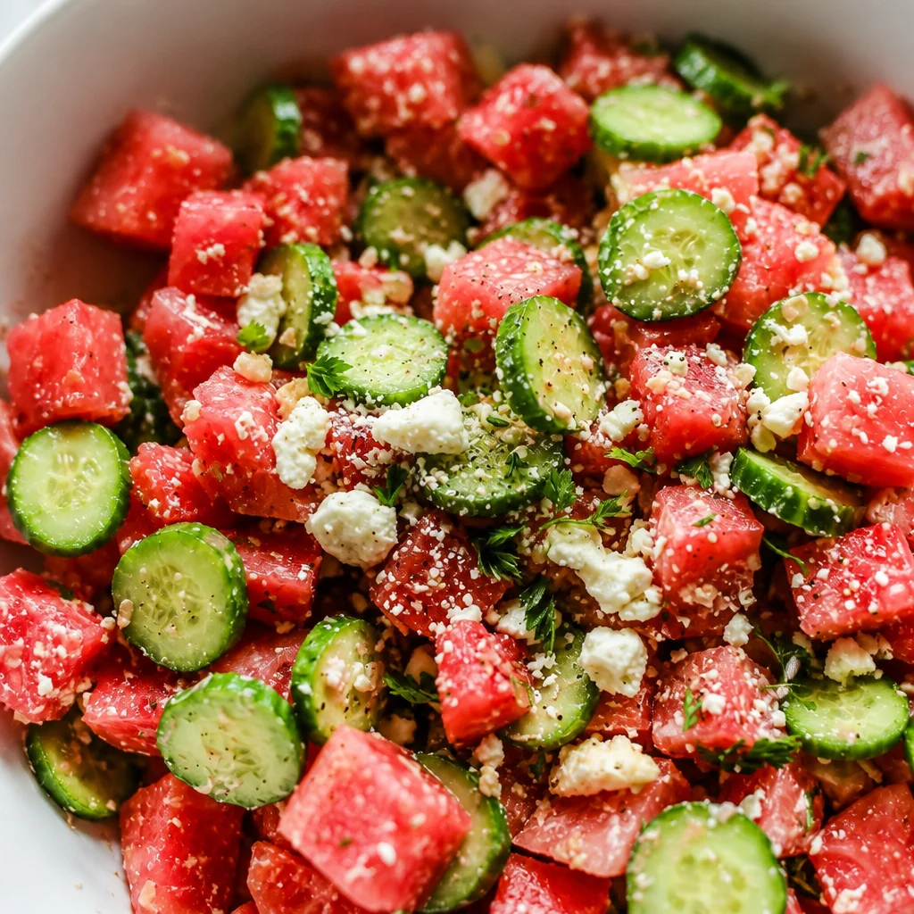 Fresh Watermelon Cucumber Salad with feta cheese, mint, and lime dressing in a serving bowl.