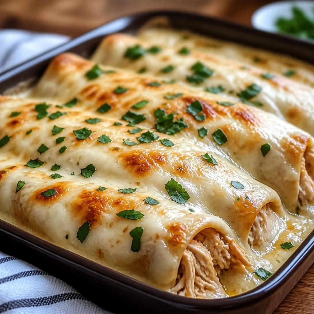 Delicious Easy White Chicken Enchiladas served with creamy white sauce.