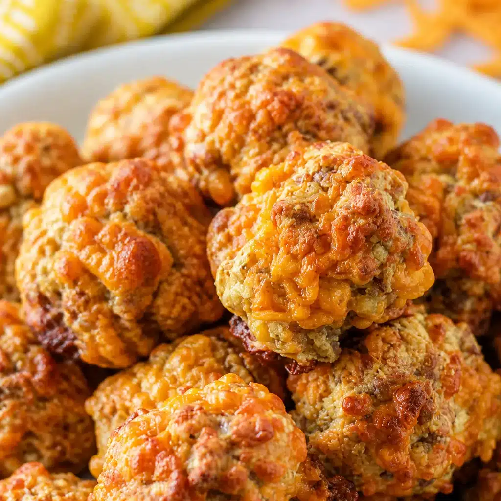 Delicious Bisquick sausage balls appetizer on a platter with dipping sauce.