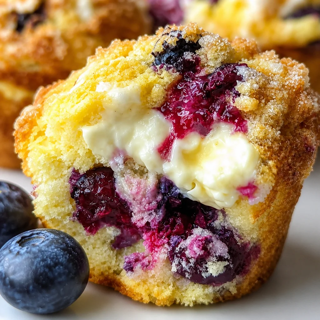 Delicious blueberry cream cheese muffins on a white plate with fresh blueberries.