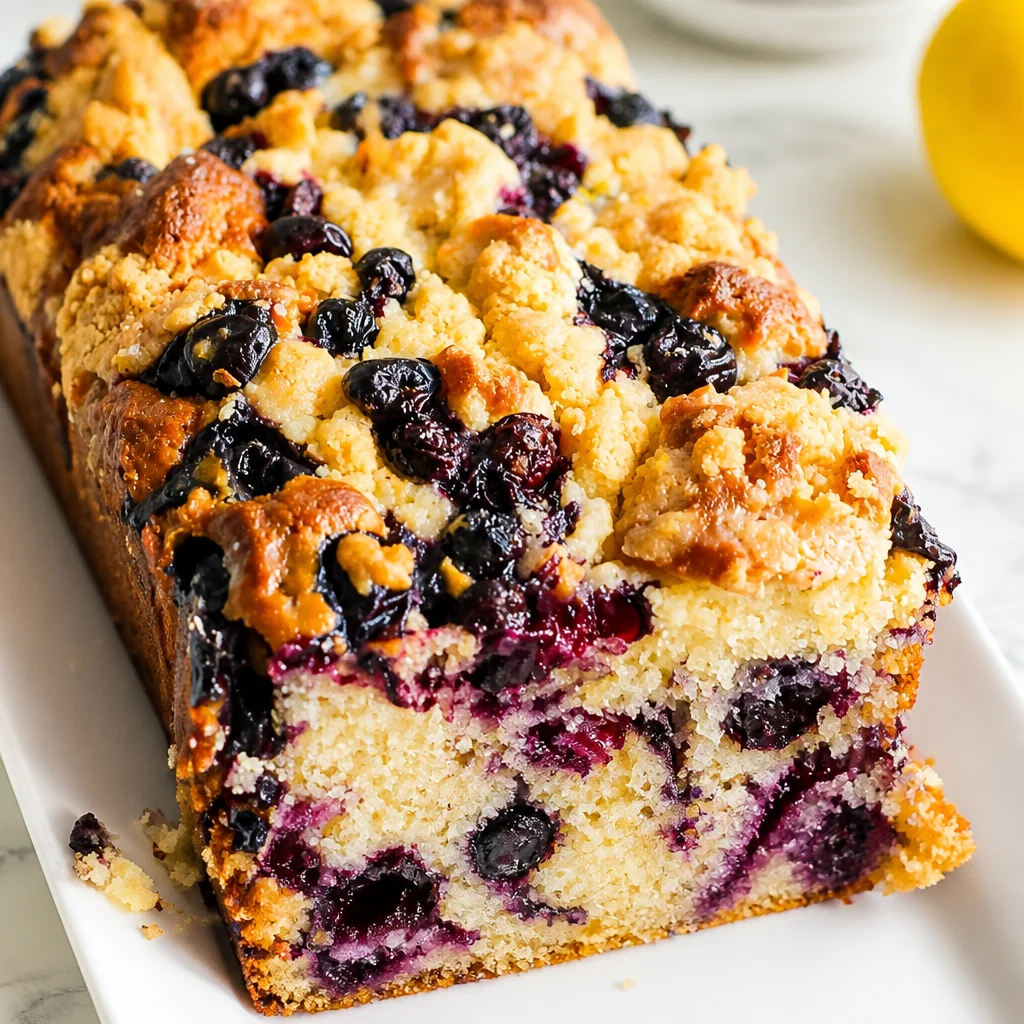 A moist Blueberry and Lemon Loaf topped with a bright lemon glaze and fresh blueberries.