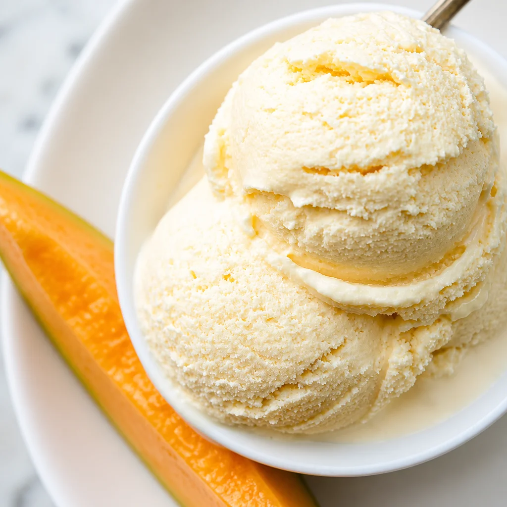 Delicious Cantaloupe Sea Salt Ice Cream in a bowl, garnished with fresh cantaloupe.