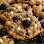 Buttery Blackberry Oatmeal Cookies with White Chocolate on a baking sheet.