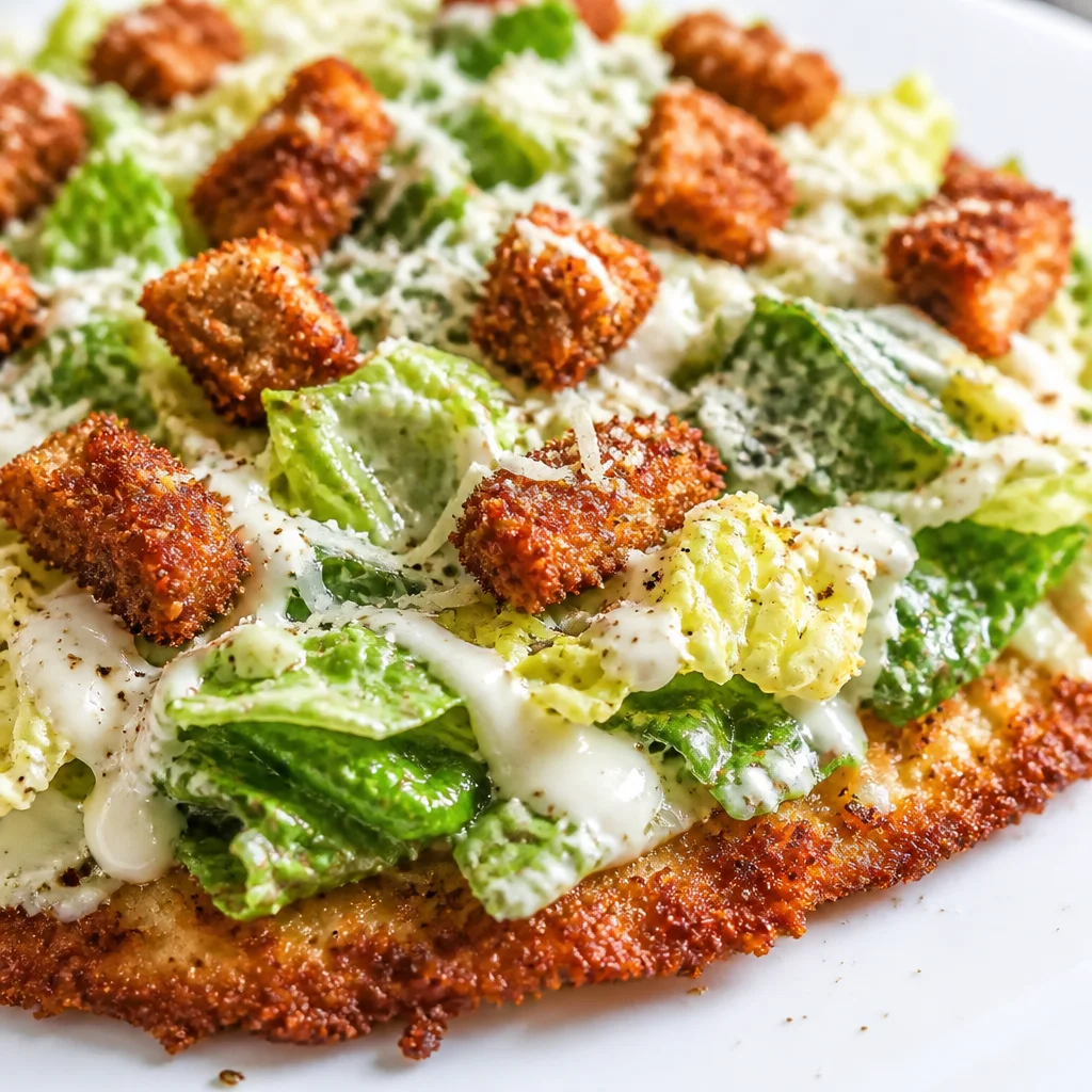 High-protein Chicken Caesar Salad Pizza featuring crispy chicken crust and fresh toppings.