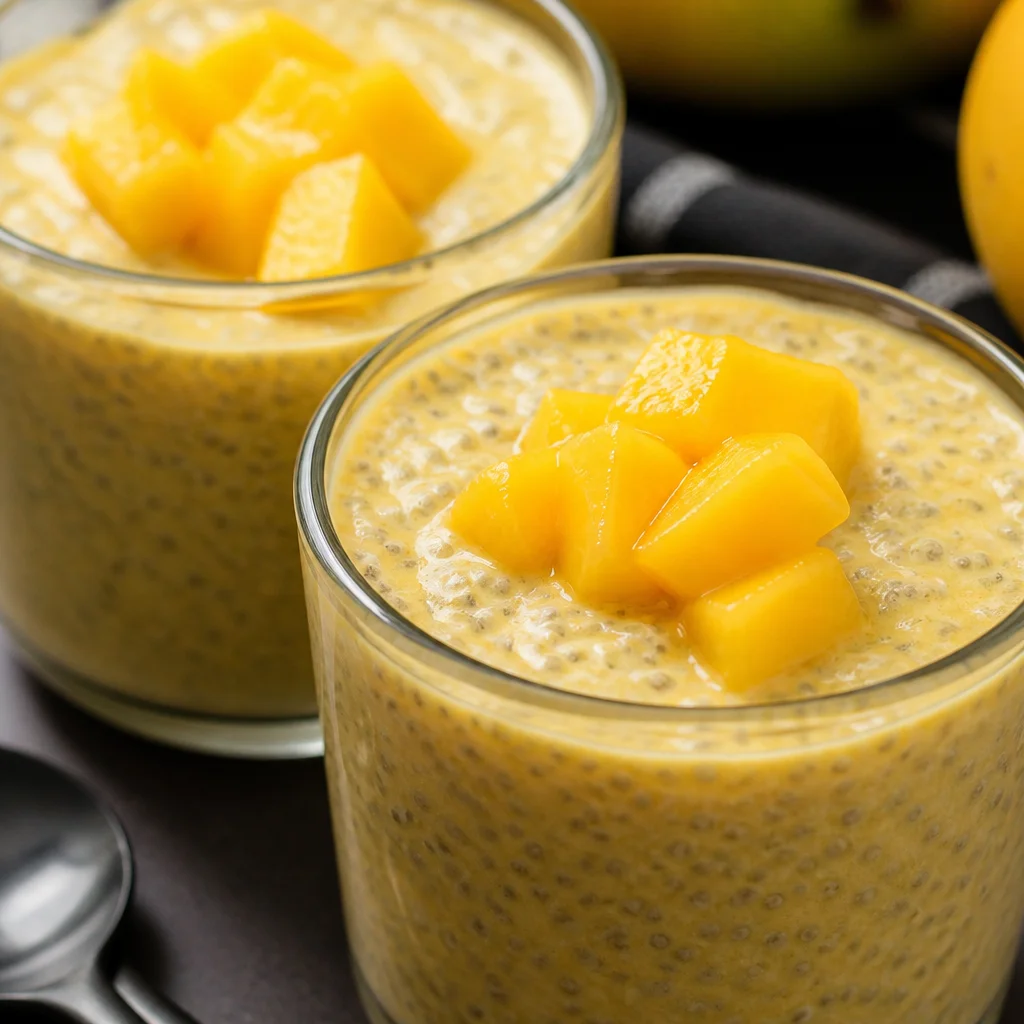 Delicious creamy mango chia pudding topped with fresh mango and coconut flakes.