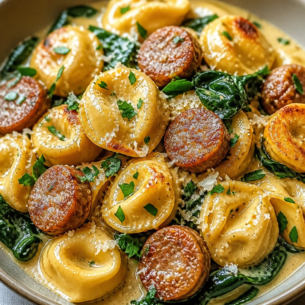Easy One-Pan Creamy Pierogi with Turkey Sausage prepared with roasted vegetables.