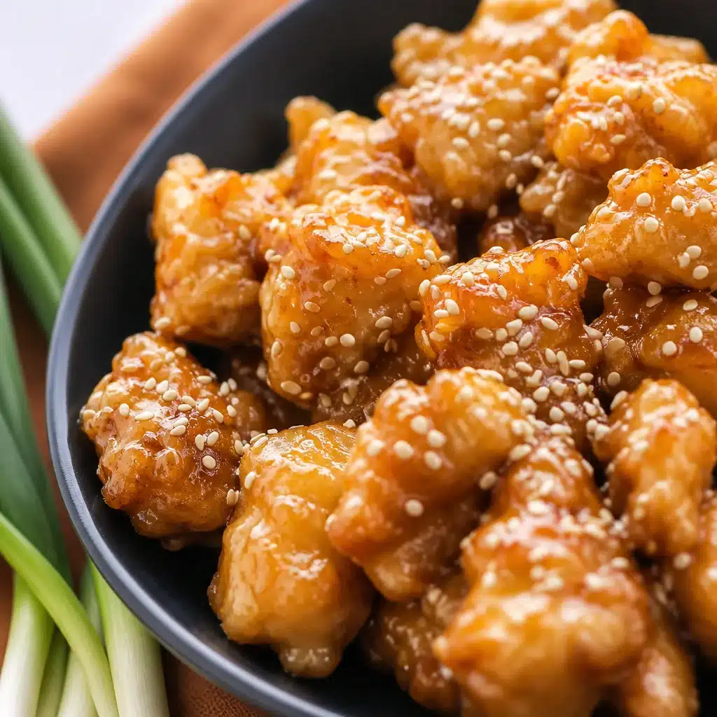 Bowl of Crispy Sesame Chicken with honey sesame sauce and sesame seeds.