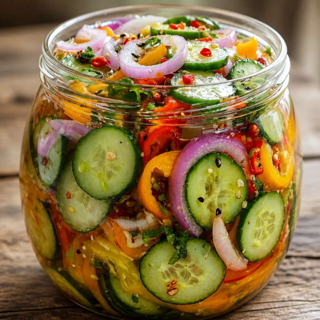 Anti-Inflammatory Pickled Cucumber, Onion & Bell Pepper Salad in a bowl