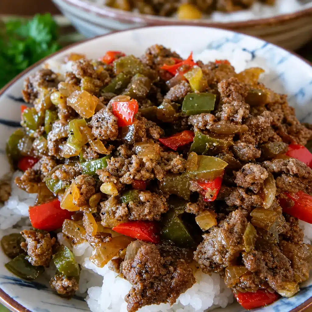 Easy Beefy Bowl of Deliciousness with beef, vegetables, and rice served in a bowl.