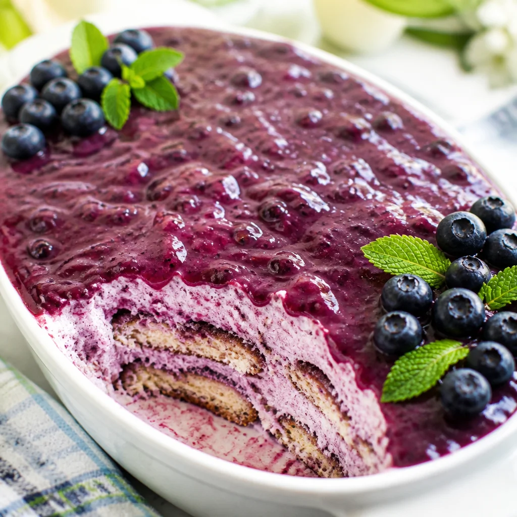 Delicious Blueberry Tiramisu with layers of blueberry-soaked ladyfingers and mascarpone cream