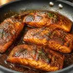 Plate of Cajun Honey Butter Salmon garnished with spices and honey drizzle.
