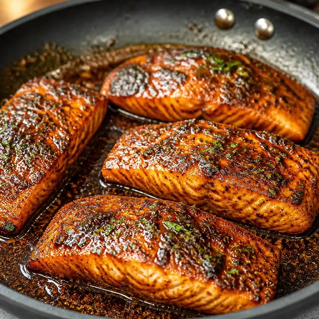 Plate of Cajun Honey Butter Salmon garnished with spices and honey drizzle.