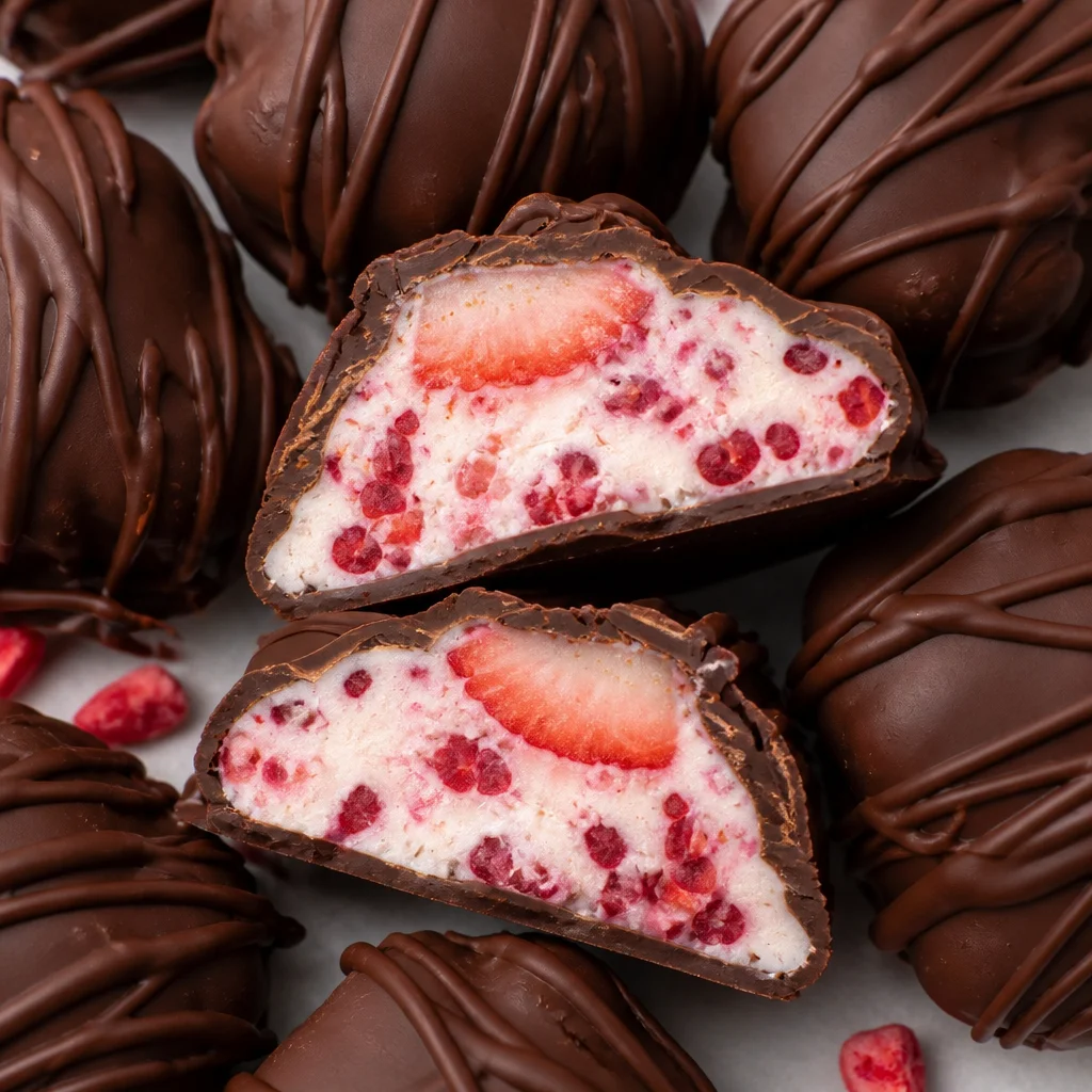 Delicious Chocolate Strawberry Greek Yogurt Clusters topped with fresh strawberries.