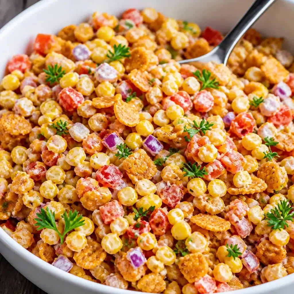 BBQ Side-Fritos Chili Cheese Salad filled with corn, peppers, cheese, and Fritos.