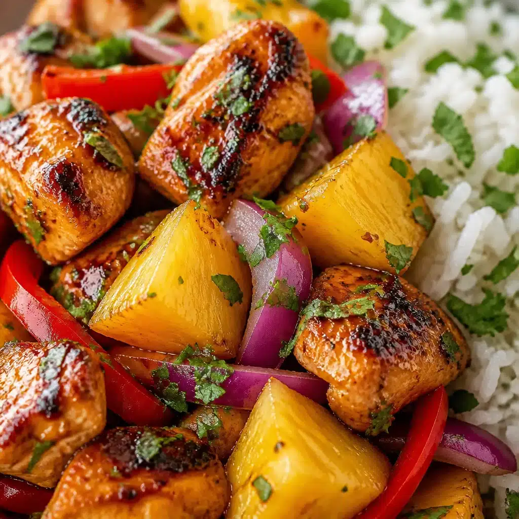 Hawaiian Chicken Sheet Pan with chicken, pineapple, and peppers baked to perfection.