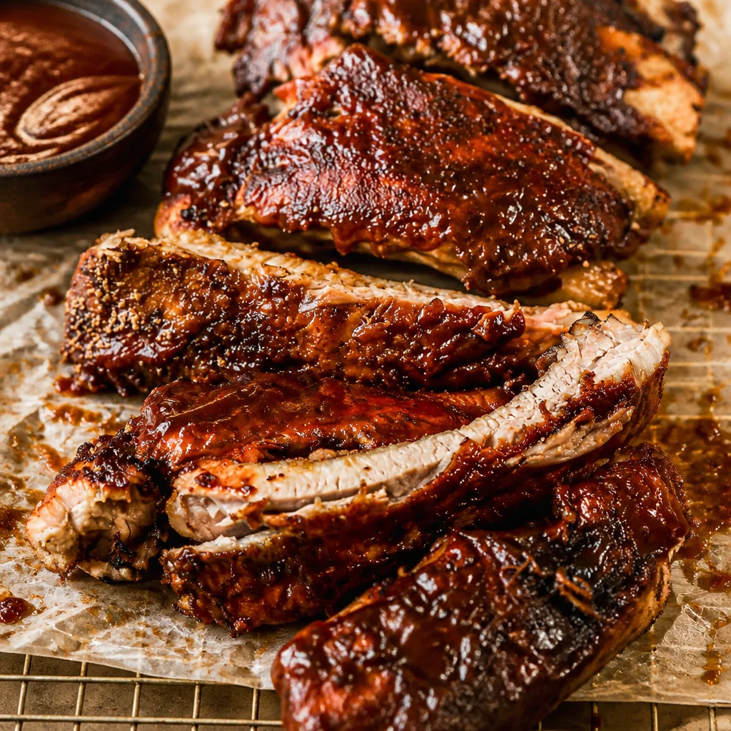 Delicious Instant Pot Ribs served with BBQ sauce and garnished with herbs.
