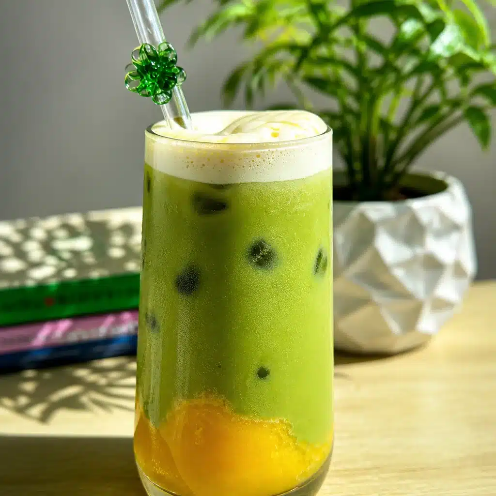 Refreshing Iced Mango Matcha Latte with mango purée and matcha powder served over ice.