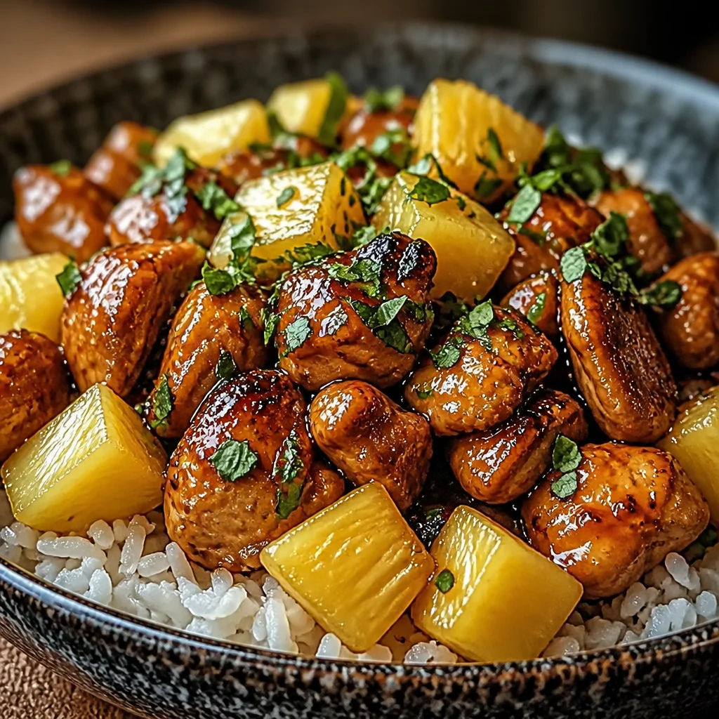 Delicious Pineapple Chicken and Rice served with vegetables in a sweet sauce.
