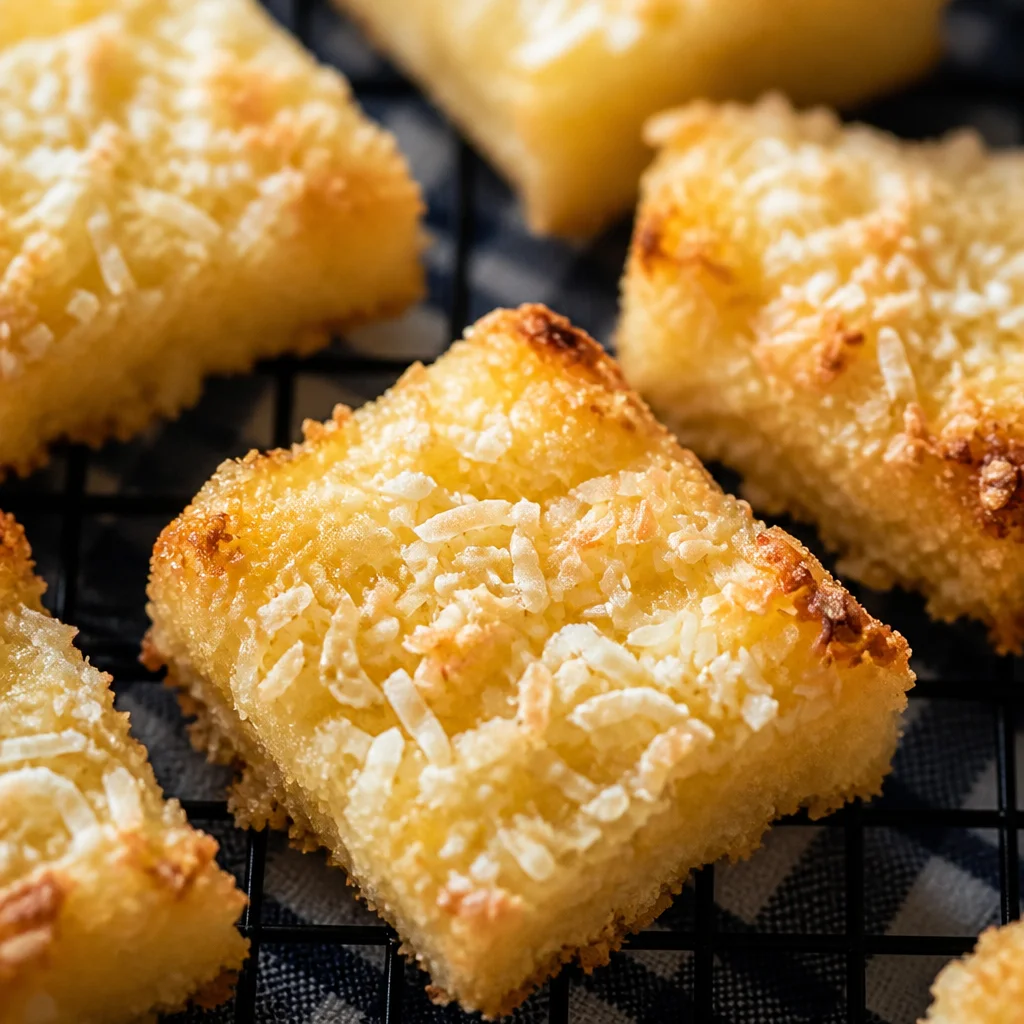 Tropical Pineapple Coconut Squares with a buttery shortbread crust and gooey filling.