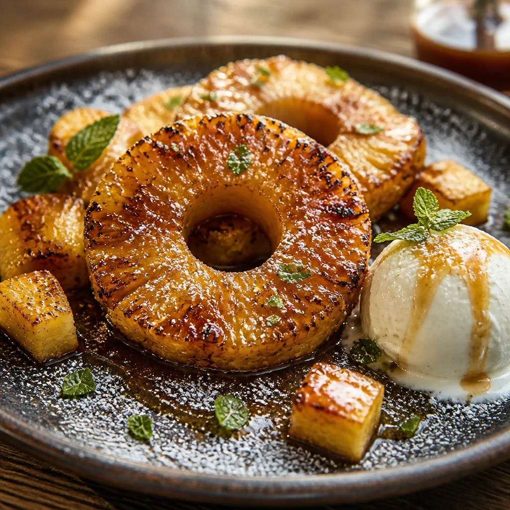 Delicious Rum-Soaked Fried Pineapple with Coconut Crust served with dipping sauce