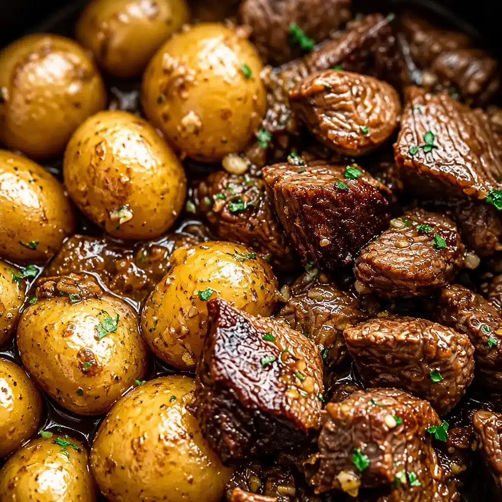 Slow Cooker Garlic Butter Beef Bites with Potatoes in a rich garlic butter sauce