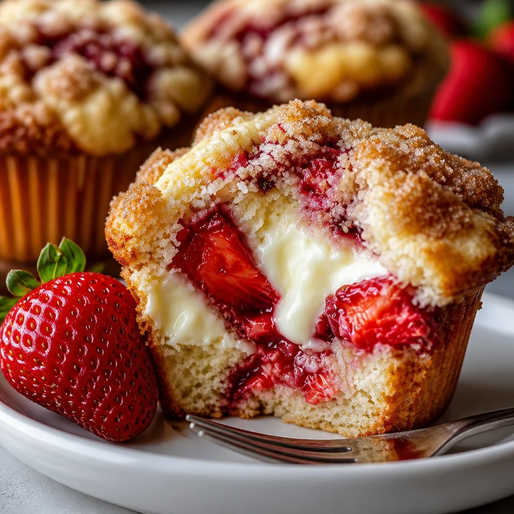 Freshly baked strawberry cream cheese muffins with cream cheese filling and streusel topping.