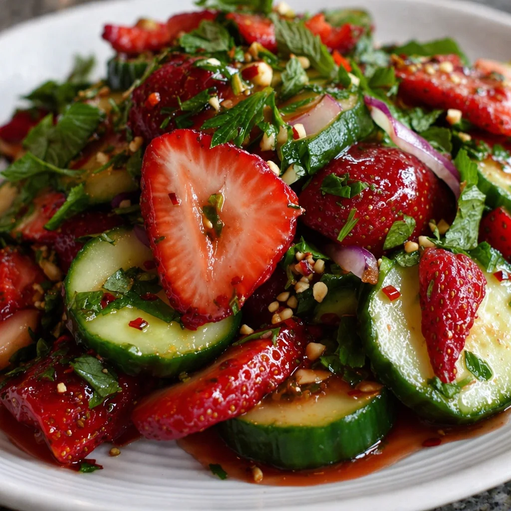 Close-up of a vibrant Cucumber Strawberry Salad with fresh ingredients and dressing.