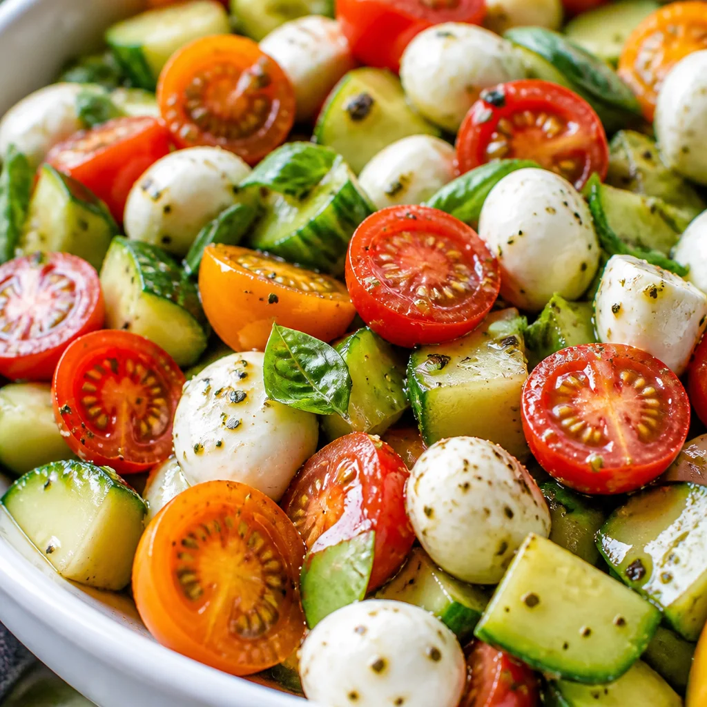 Freshly prepared Tomato Cucumber Mozzarella Salad with vibrant ingredients.