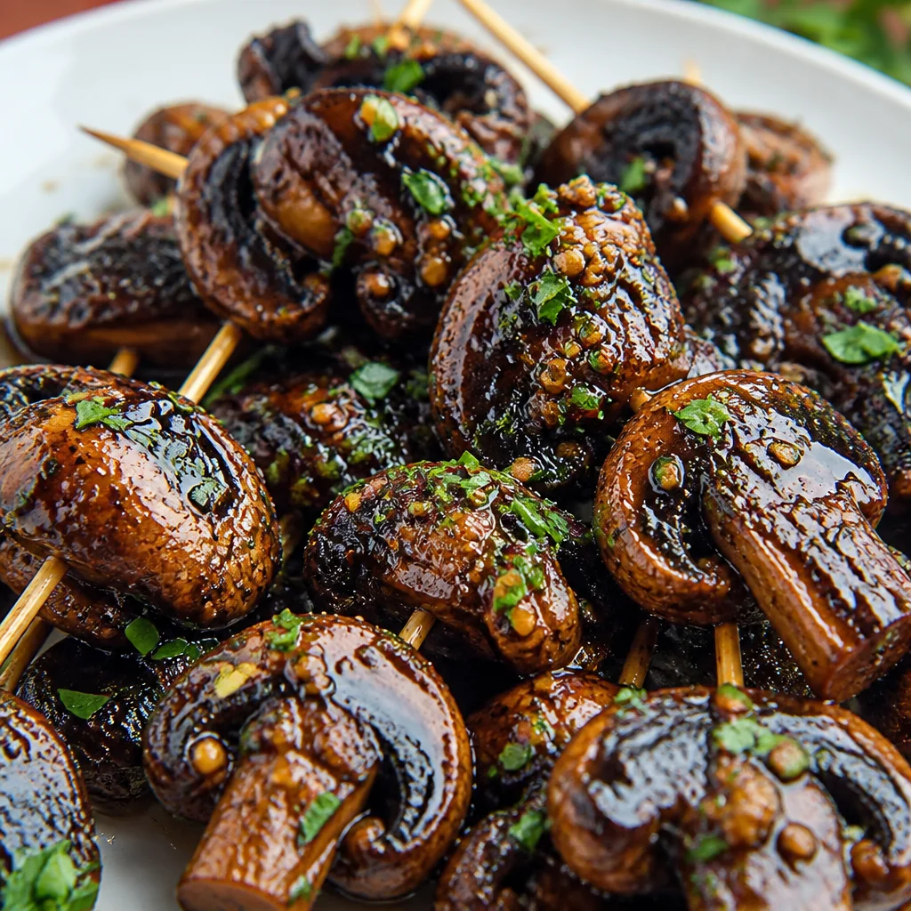 Delicious Balsamic Garlic Grilled Mushroom Skewers on a grill.