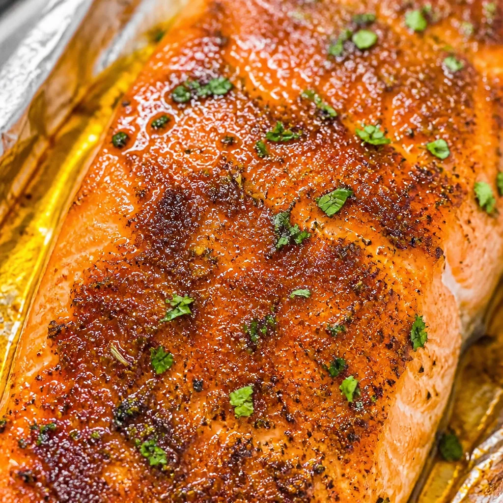 Garlic Butter Baked Salmon on a plate with fresh herbs and lemon slices