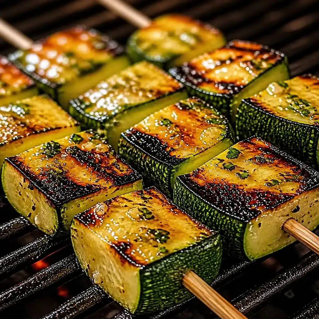 Plate of irresistible Garlic Butter Zucchini Skewers garnished with herbs