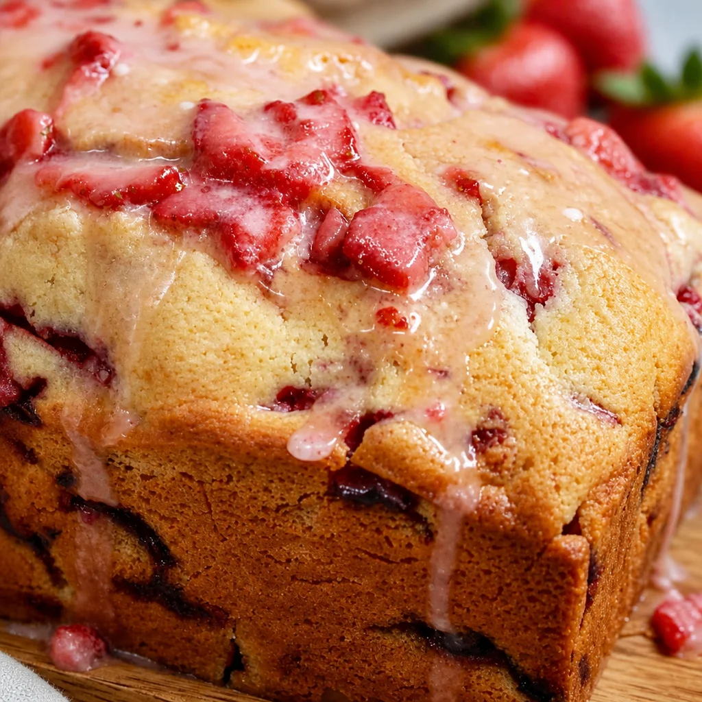 Delicious Strawberry Bread Loaf topped with a rich Strawberry Glaze.