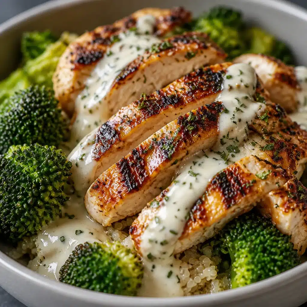 Healthy Grilled Chicken Broccoli Bowls topped with Creamy Garlic Sauce