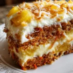 Moist Hawaiian Carrot Pineapple Cake topped with cream cheese frosting and pineapple flowers.