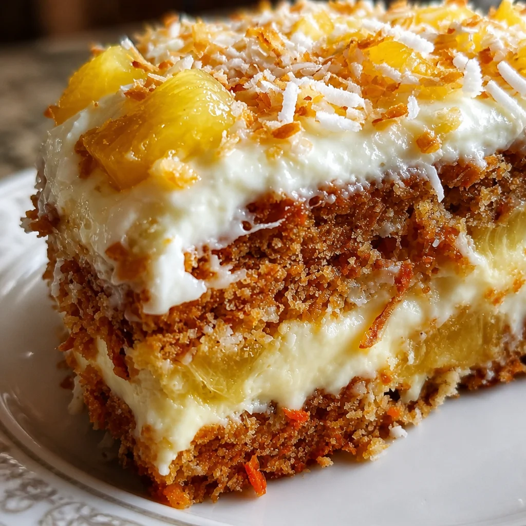 Moist Hawaiian Carrot Pineapple Cake topped with cream cheese frosting and pineapple flowers.