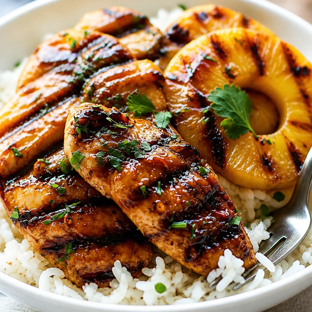 Hawaiian Chicken served with Coconut Rice and grilled pineapples.