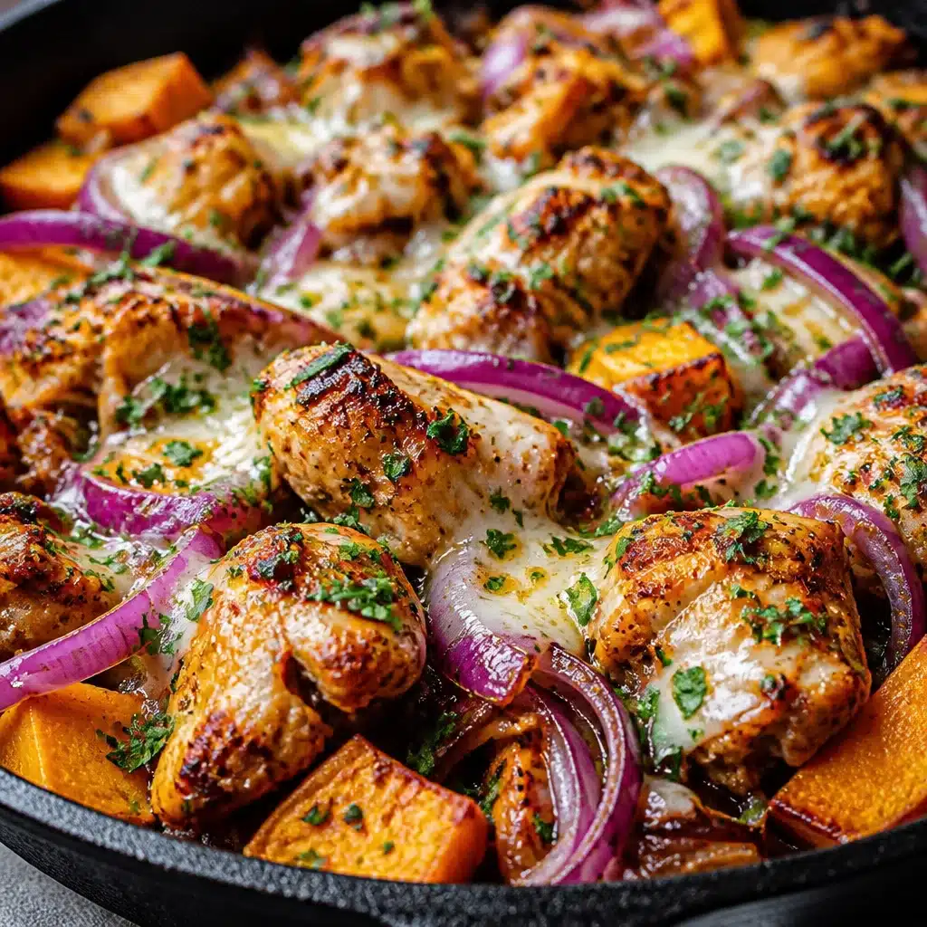 Delicious Sweet Potato Skillet with BBQ Chicken and melted cheese served in a frying pan.