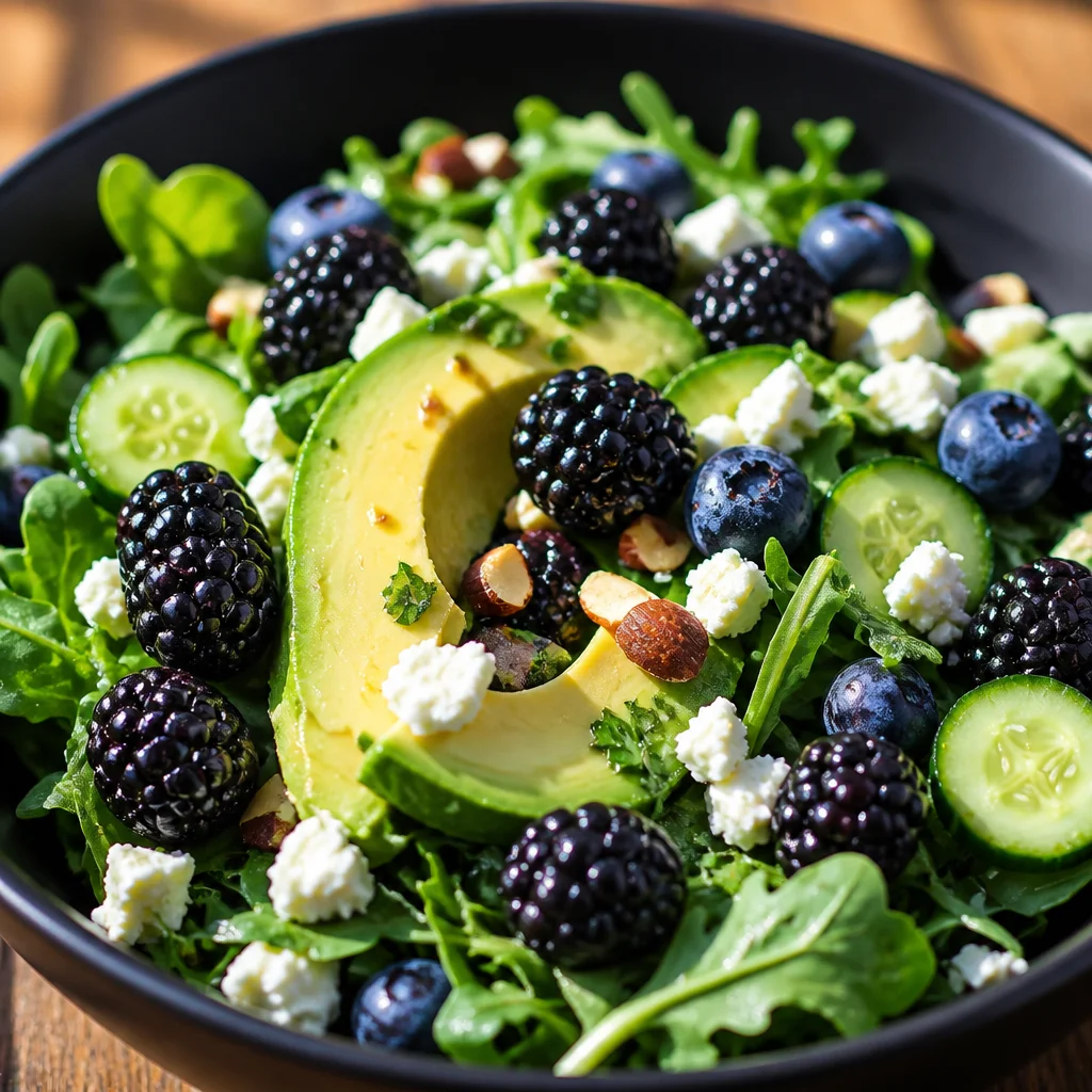 Delicious Blackberry, Avocado & Arugula Salad with feta and cucumber