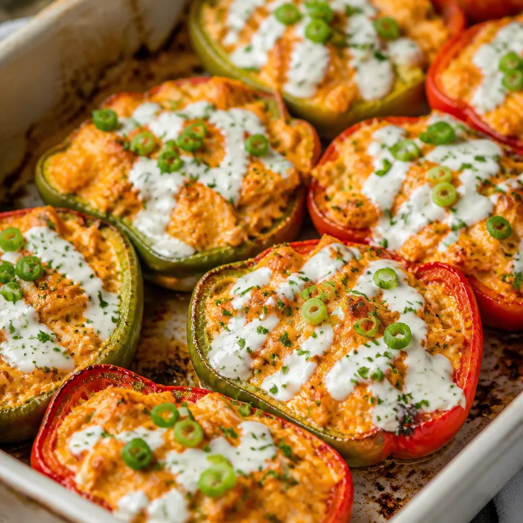 Buffalo Chicken Stuffed Peppers filled with shredded chicken and spicy buffalo sauce.