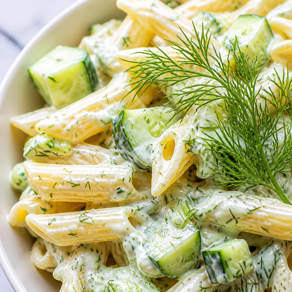 Bowl of Best Cucumber Pasta Salad with cucumbers, pasta, and fresh herbs