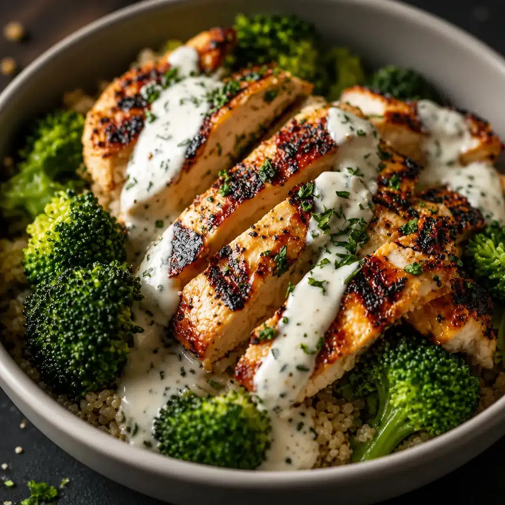 Grilled Chicken Broccoli Bowls topped with Creamy Garlic Sauce in a bowl.